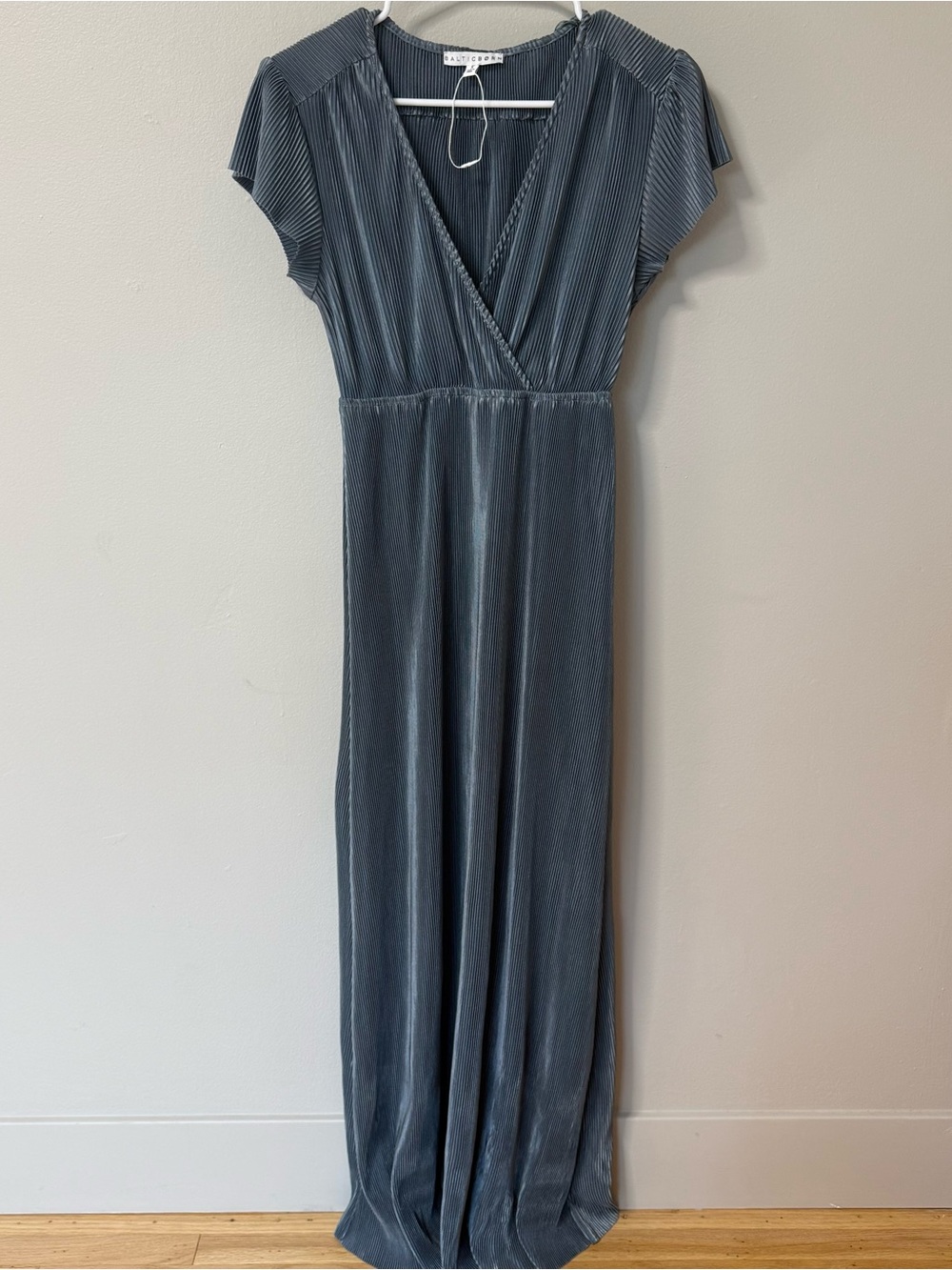 Baltic Born Athena Pleated Maxi Dress Steel blue V-Neck Small Flutter Sleeve